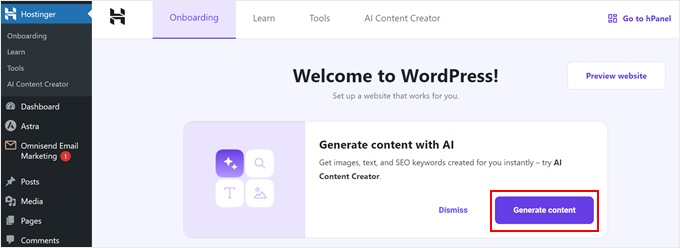 Generating AI text content in Hostinger WordPress AI Assistant Generating AI text content in Hostinger WordPress AI Assistant