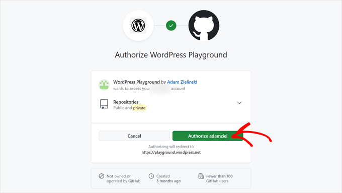 Authorizing WordPress Playground in GitHub Authorizing WordPress Playground in GitHub