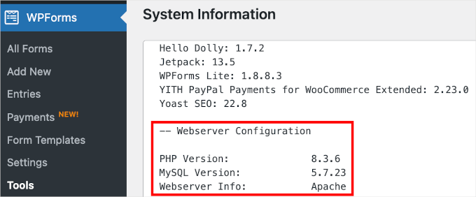 wordpress-wpforms-tools-systeminfo-webserverconfiguration The Webserver Configuration information in WPForms