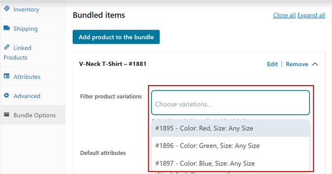 Choosing which product variations to show in the bundle with the YITH plugin Choosing which product variations to show in the bundle with the YITH plugin
