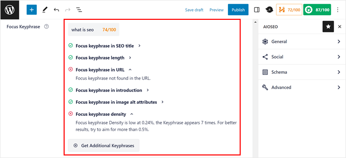 Entering a focus keyphrase in AIOSEO Entering a focus keyphrase in AIOSEO