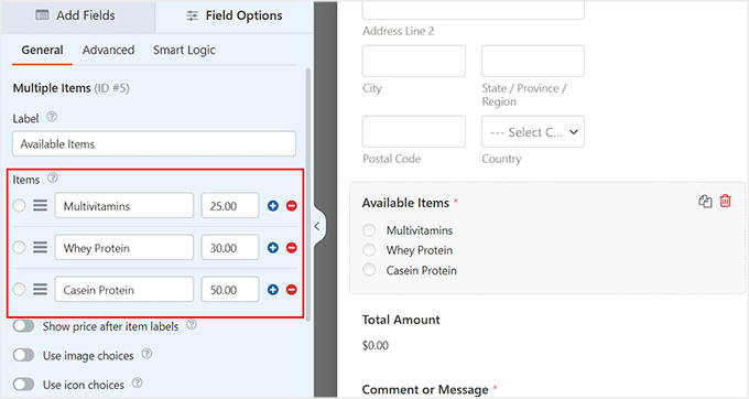 Add names and pricing for the items you want to sell using the form Add names and pricing for the items you want to sell using the form