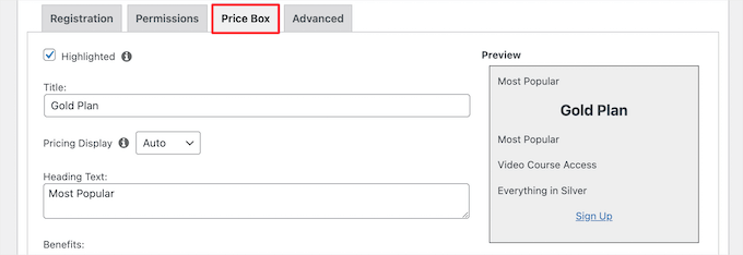 Customize price box for plan Customize price box for plan