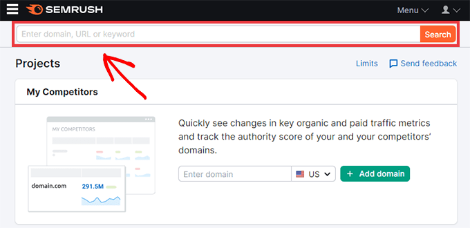 Semrush - enter keyword into search bar Semrush - enter keyword into search bar