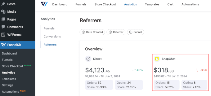 wordpress-funnelkit-analytics-referrers Snapchat stats in FunnelKit