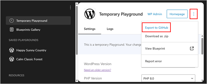 Exporting a WordPress Playground instance to GitHub Exporting a WordPress Playground instance to GitHub