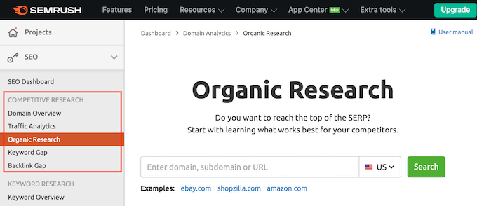Semrush's competitor research section Semrush's competitor research section