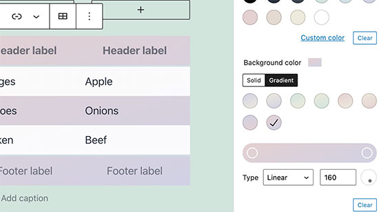 Gradient background color option for tables Gradient background color option for tables