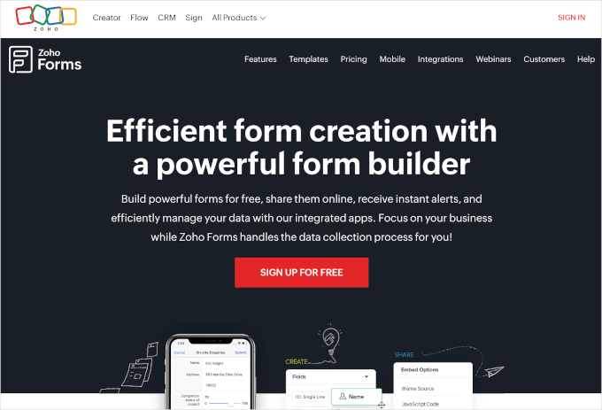 zohoforms-homepage Zoho Forms' homepage