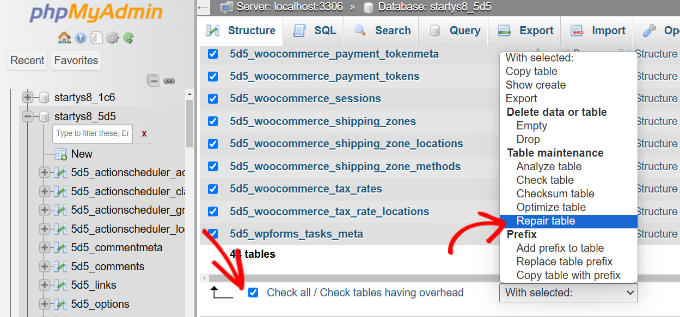Select tables to repair in database Select tables to repair in database