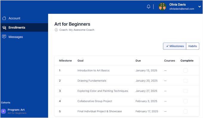 Milestone list in a MemberPress cohort-based online course Milestone list in a MemberPress cohort-based online course