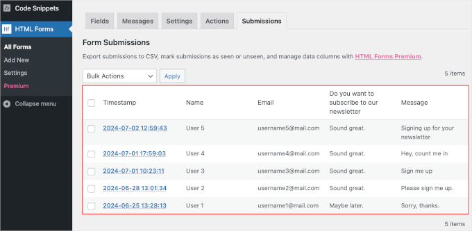 wpadminarea-htmlforms-allforms-submissions-table Form submissions on HTML Forms