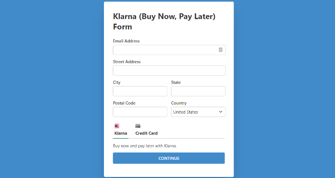 Klarna payment form dedicated page preview Klarna payment form dedicated page preview