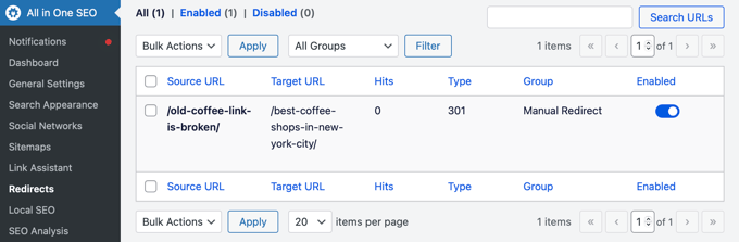 Log of Redirected Pages in AIOSEO Redirection Manager Log of Redirected Pages in AIOSEO Redirection Manager