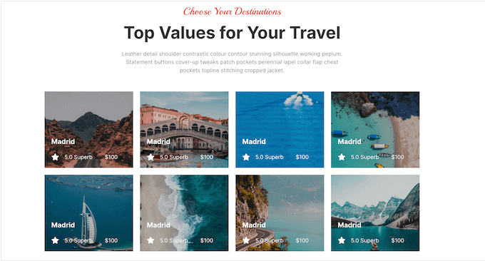 An example of a travel template, provided as part of the SeedProd page builder plugin An example of a travel template, provided as part of the SeedProd page builder plugin