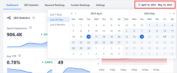 Changing the dates in the Search Statistics dashboard in AIOSEO Changing the dates in the Search Statistics dashboard in AIOSEO