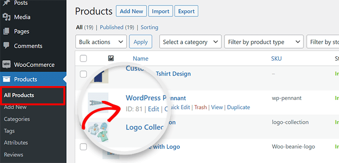 Product ID displayed under product title on the All Products page Product ID displayed under product title on the All Products page
