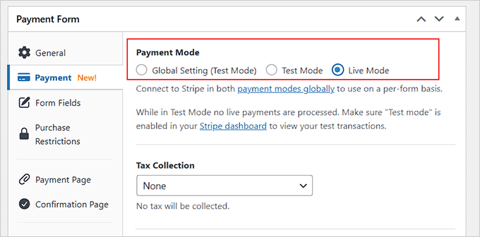 Switch payment form to live mode Switch payment form to live mode