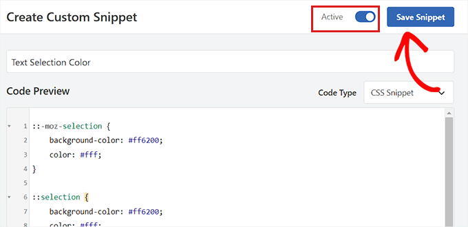 Activate and save the text selection color snippet Activate and save the text selection color snippet
