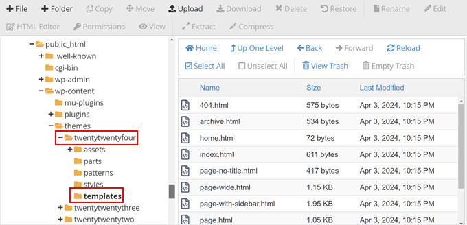 The block theme's templates folder seen in Bluehost file manager The block theme's templates folder seen in Bluehost file manager