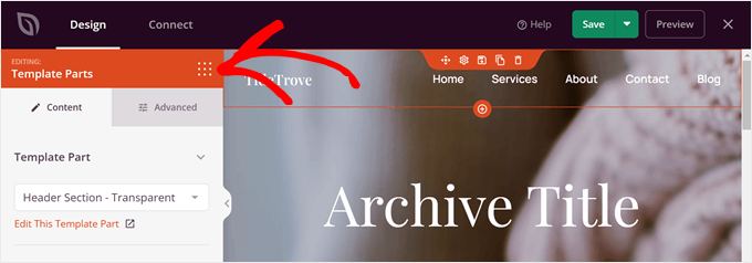Selecting the header template part in the archive page in SeedProd Selecting the header template part in the archive page in SeedProd