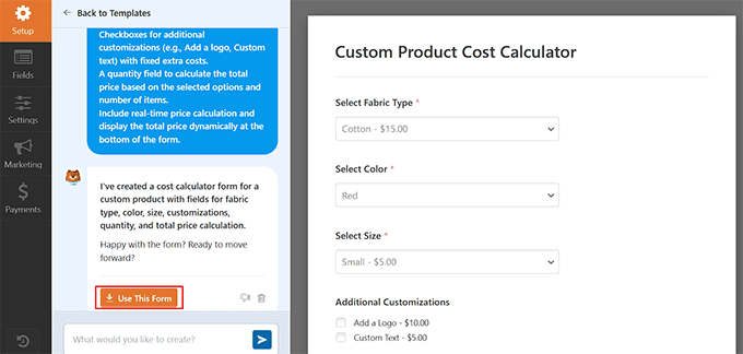 Create custom product cost calculator form with AI Create custom product cost calculator form with AI