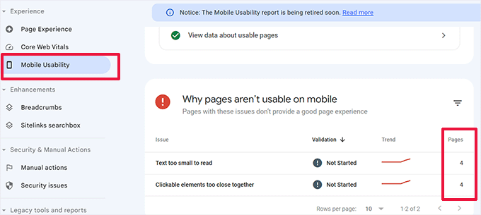 Pages with usability issues Pages with usability issues