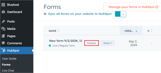 HubSpot embed button in the WP admin area HubSpot embed button in the WP admin area