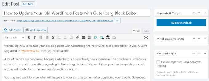 Classic editor post example Classic editor post example