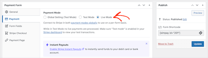 Setting WP Simple Pay form to live mode Setting WP Simple Pay form to live mode