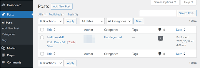 The WordPress Posts interface in the WordPress admin area The WordPress Posts interface in the WordPress admin area