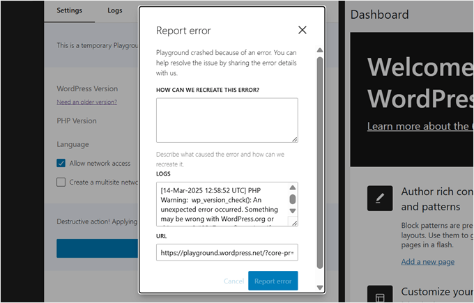 Describing the error in WordPress Playground Describing the error in WordPress Playground