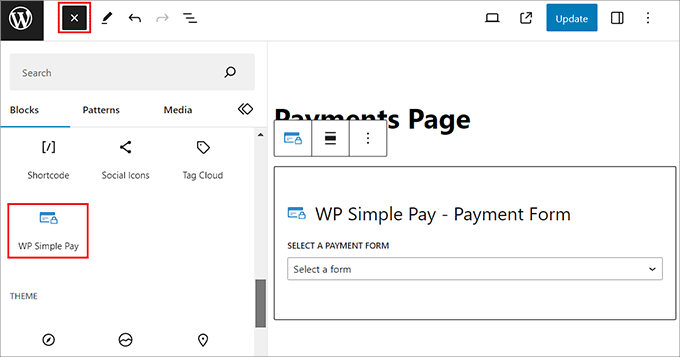 Add the WP Simple Pay block to the page or post Add the WP Simple Pay block to the page or post