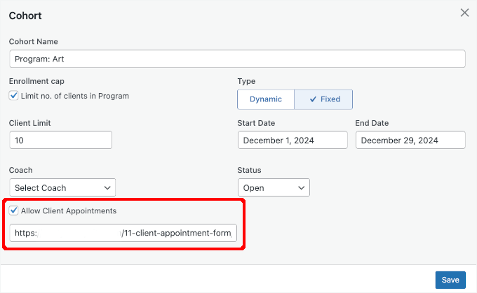 Allowing client appointment booking Allowing client appointment booking