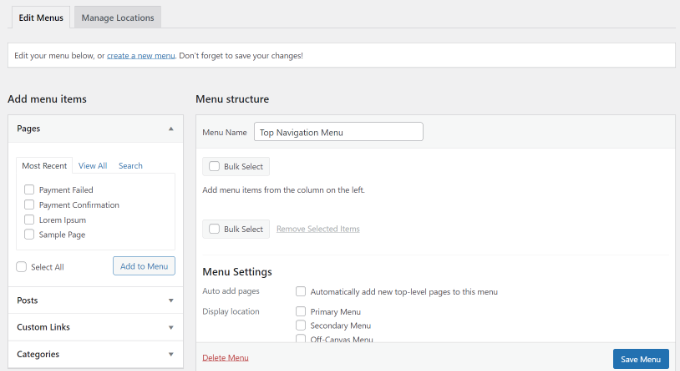 The WordPress menu settings The WordPress menu settings