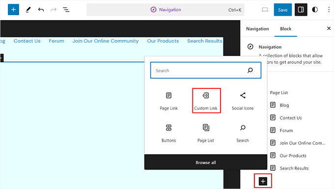 Add the custom link block in the navigation menu Add the custom link block in the navigation menu