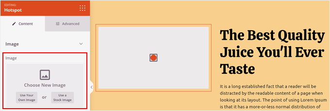 Uploading an image to the SeedProd Hotspot block Uploading an image to the SeedProd Hotspot block