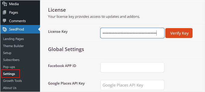 Verifying SeedProd Pro's license key Verifying SeedProd Pro's license key