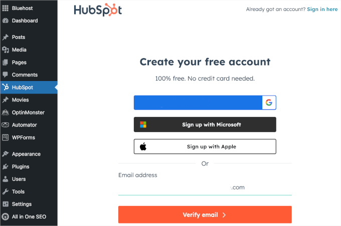 Signing up for HubSpot in WordPress Signing up for HubSpot in WordPress