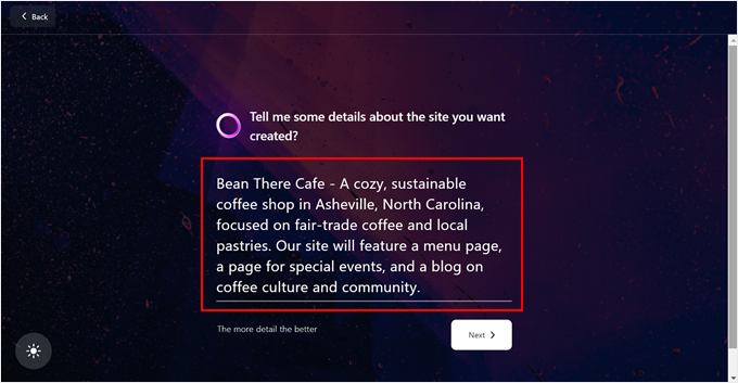 Telling the Bluehost AI Site Creator what website to create Telling the Bluehost AI Site Creator what website to create