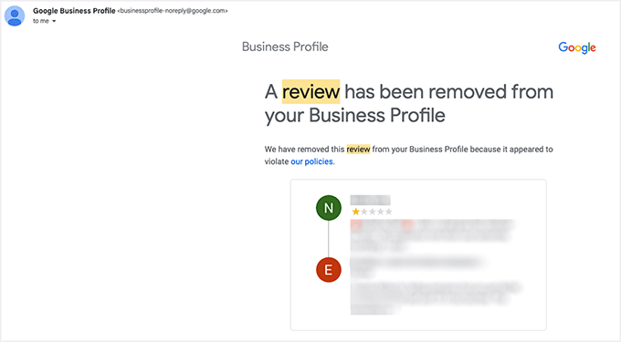 Email about a Google review being removed