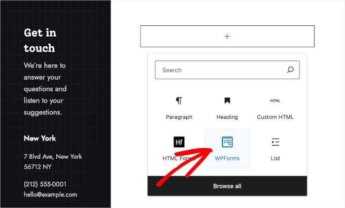 wpblockeditor-contactpages-addblock-wpforms Adding WPForms block to a page