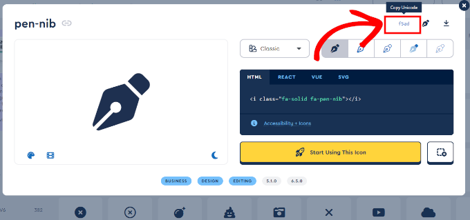 Find unicode for the icon you want to use Find unicode for the icon you want to use