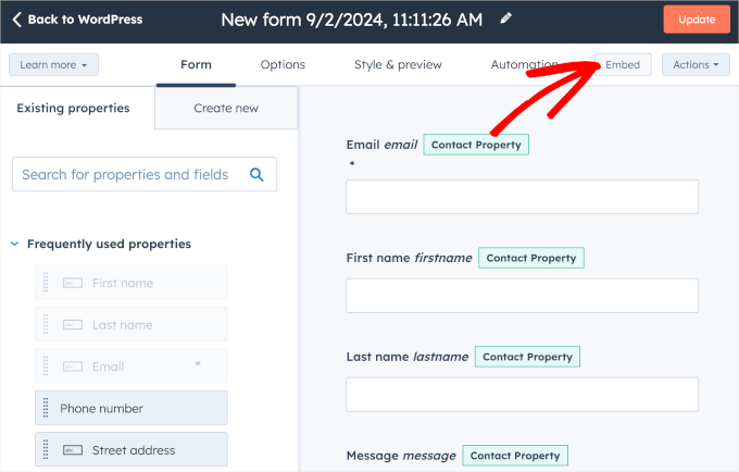 Embed button in HubSpot's form builder Embed button in HubSpot's form builder