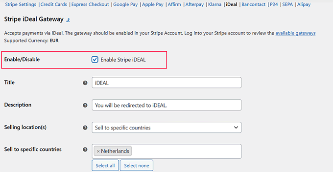 Enable Stripe iDEAL Enable Stripe iDEAL