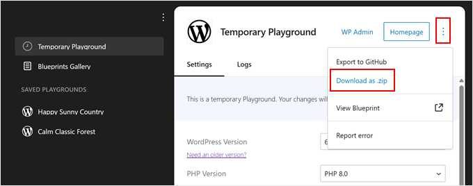 Downloading a WordPress Playground instance into a zip file Downloading a WordPress Playground instance into a zip file