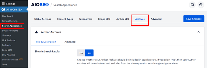 Configuring the archive page search appearance settings in AIOSEO Configuring the archive page search appearance settings in AIOSEO