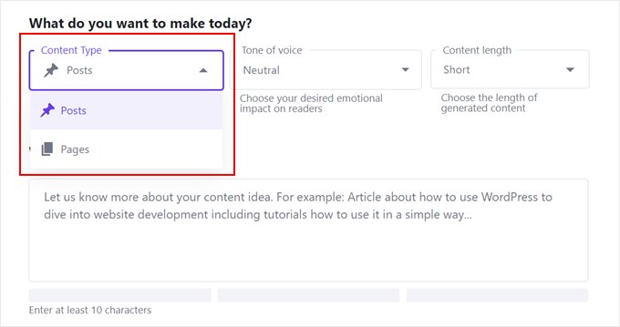 Choosing a content type to generate with Hostinger WordPress AI Assistant Choosing a content type to generate with Hostinger WordPress AI Assistant