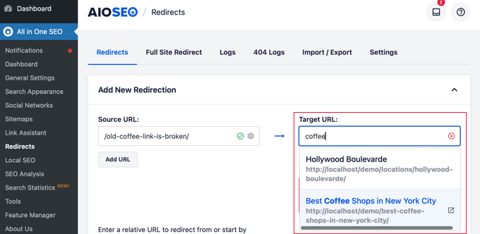 Typing the Title of the Target Page in AIOSEO Redirection Manager Typing the Title of the Target Page in AIOSEO Redirection Manager