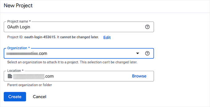 Add project name, organization, and location